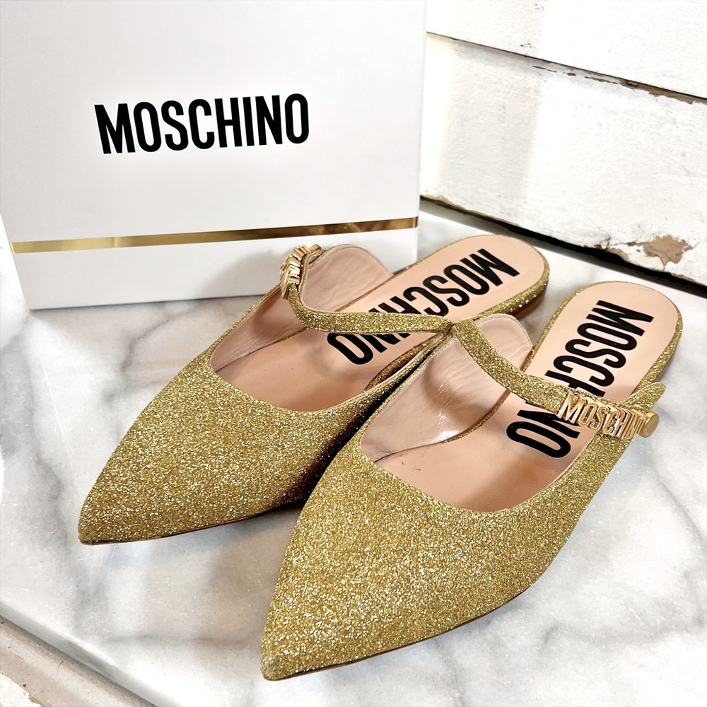 Moschino Pointed Toe Glitter Logo Flats